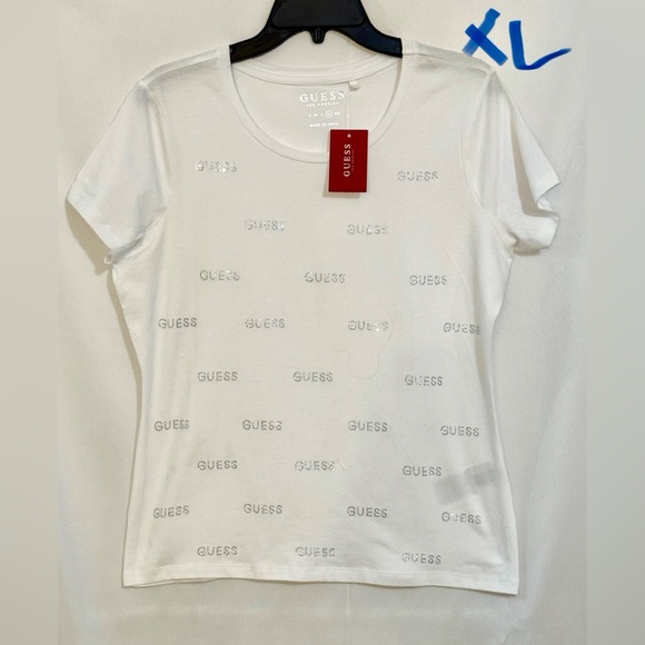 GUESS White Short Sleeve Tee with Logo Pattern - Picture 1 of 2